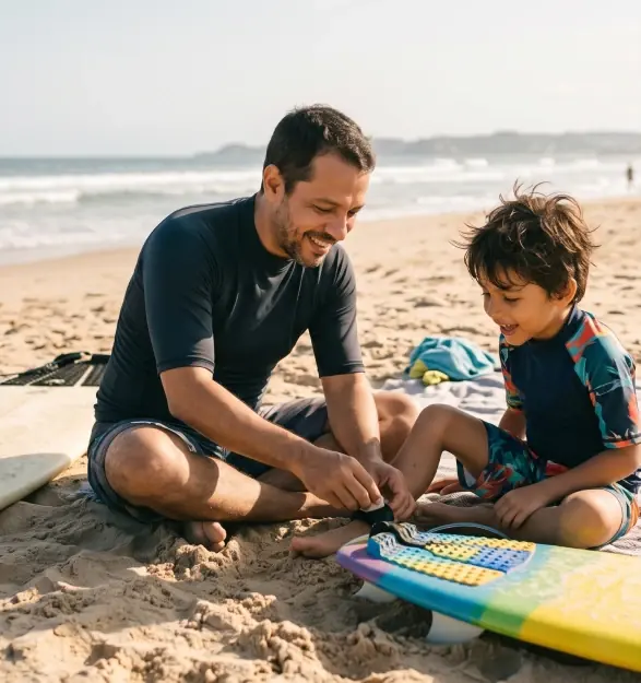 O mesmo homem, sentado na areia da praia, prepara uma prancha ao lado de um menino.